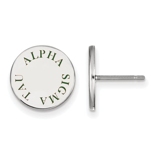Sterling Silver Rhodium Plated Logoart Alpha Sigma Tau Sorority Text Color Enamel Post Earrings