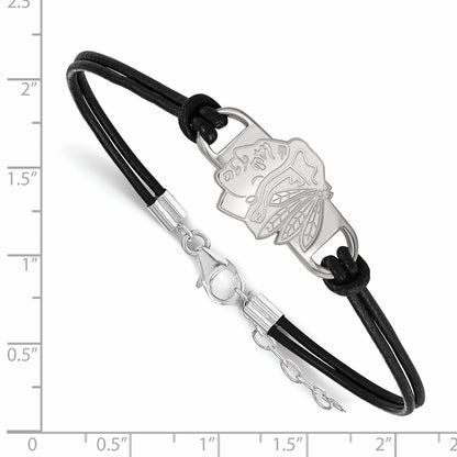 Sterling Silver Rhodium Plated Nhl Logoart Chicago Blackhawks Small Center Black Leather 7 Inch Bracelet With Extender