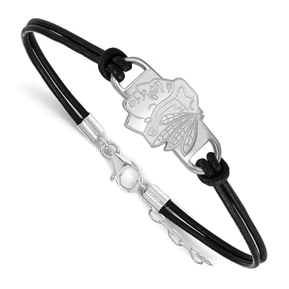 Sterling Silver Rhodium Plated Nhl Logoart Chicago Blackhawks Small Center Black Leather 7 Inch Bracelet With Extender
