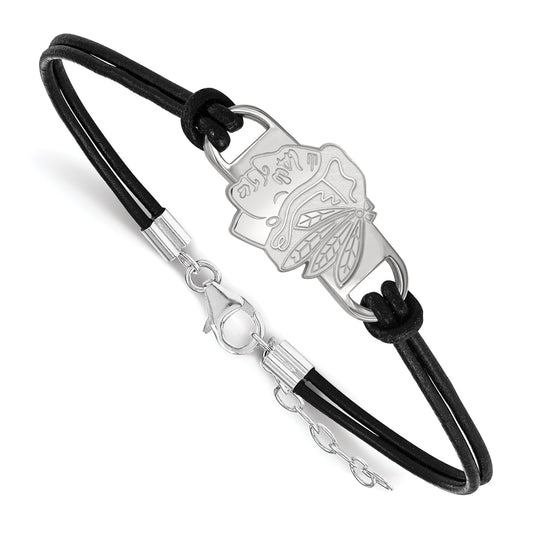 Sterling Silver Rhodium Plated Nhl Logoart Chicago Blackhawks Small Center Black Leather 7 Inch Bracelet With Extender