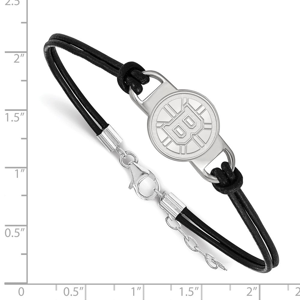 Sterling Silver Rhodium Plated Nhl Logoart Boston Bruins Small Center Black Leather 7 Inch Bracelet With Extender