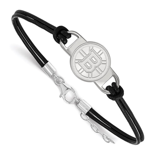 Sterling Silver Rhodium Plated Nhl Logoart Boston Bruins Small Center Black Leather 7 Inch Bracelet With Extender