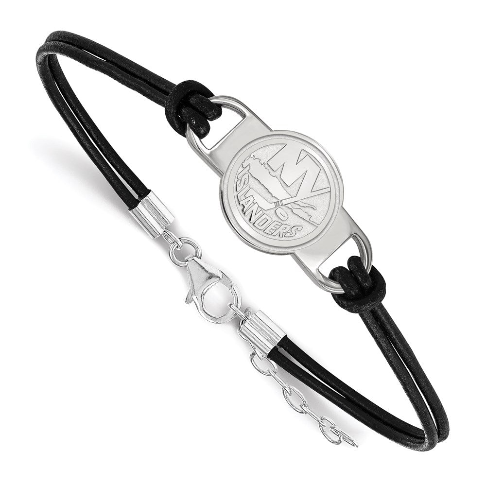 Sterling Silver Rhodium Plated Nhl Logoart New York Islanders Small Center Black Leather 7 Inch Bracelet With Extender