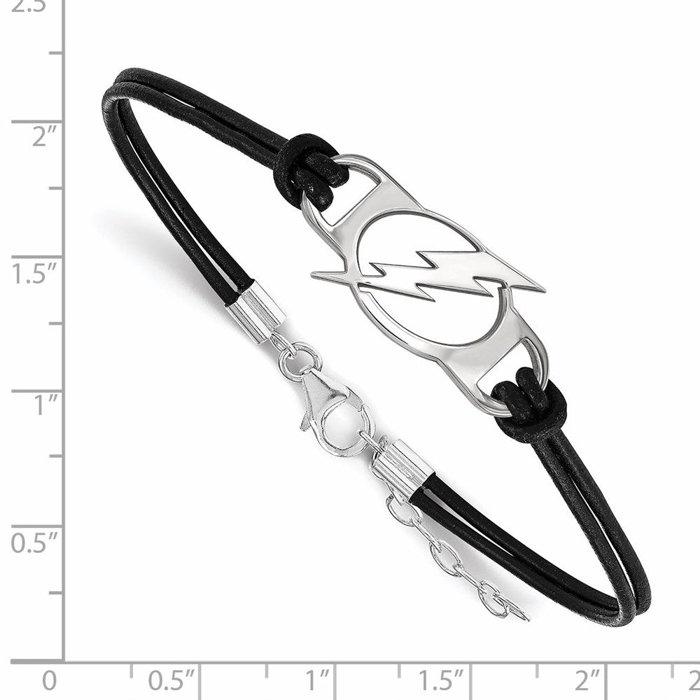 Sterling Silver Rhodium Plated Nhl Logoart Tampa Bay Lightning Small Center Black Leather 7 Inch Bracelet With Extender