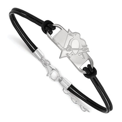 Sterling Silver Rhodium Plated Nhl Logoart Pittsburgh Penguins Small Center Black Leather 7 Inch Bracelet With Extender