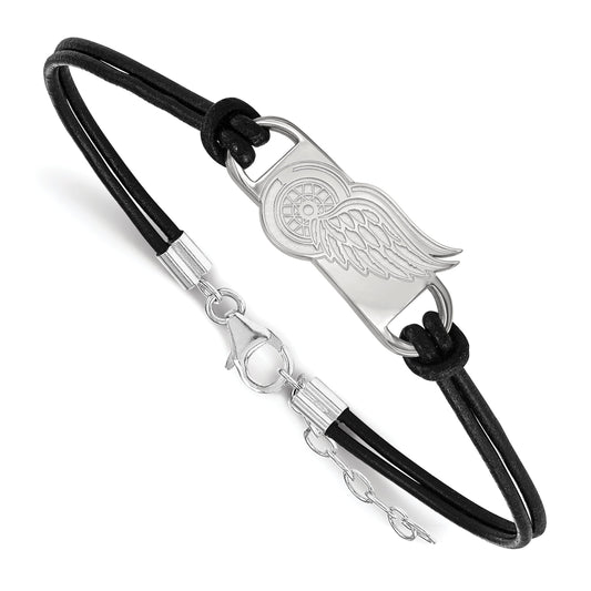 Sterling Silver Rhodium Plated Nhl Logoart Detroit Red Wings Small Center Black Leather 8 Inch Bracelet With Extender