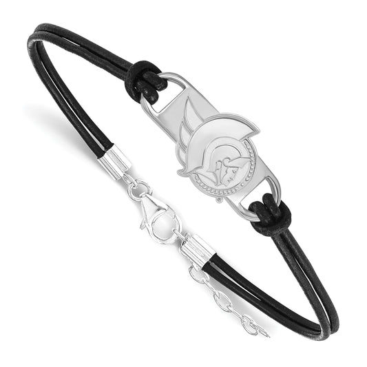 Sterling Silver Rhodium Plated Nhl Logoart Ottawa Senators Small Center Black Leather 7 Inch Bracelet With Extender