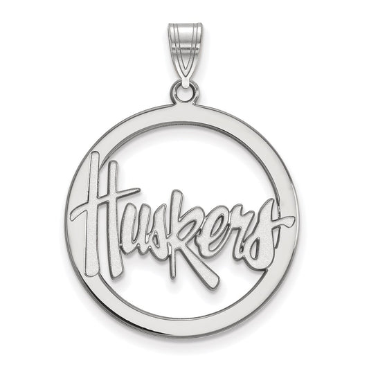 Sterling Silver Rhodium Plated Logoart University Of Nebraska Huskers Large Circle Pendant