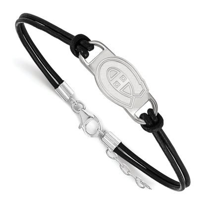Sterling Silver Rhodium Plated Nhl Logoart Montreal Canadiens Black Leather 7 Inch Bracelet With Extender
