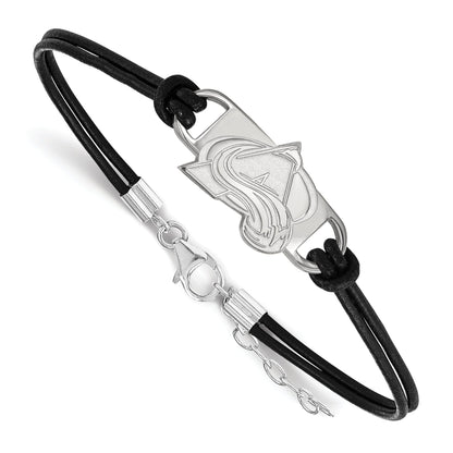 Sterling Silver Rhodium Plated Nhl Logoart Colorado Avalanche Letter A Small Center Black Leather 7 Inch Bracelet With Extender