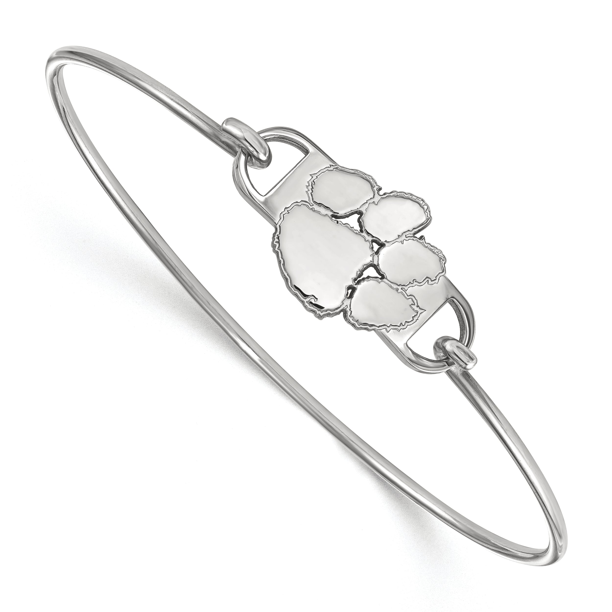Sterling Silver Rhodium Plated Logoart Clemson University Tiger Paw Small Center 7 Inch Wire Bangle