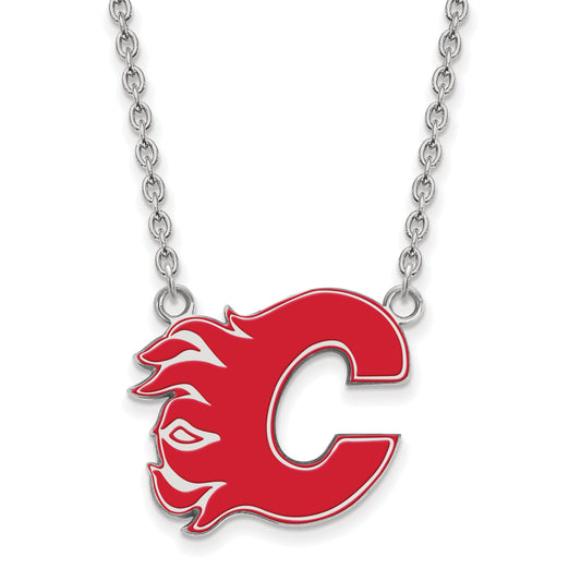 Sterling Silver Rhodium Plated Nhl Logoart Calgary Flames Letter C Large Enameled Pendant 18 Inch Necklace