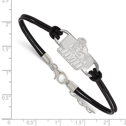 Sterling Silver Rhodium Plated Logoart James Madison University Small Center Black Leather 7 Inch Bracelet With Extender