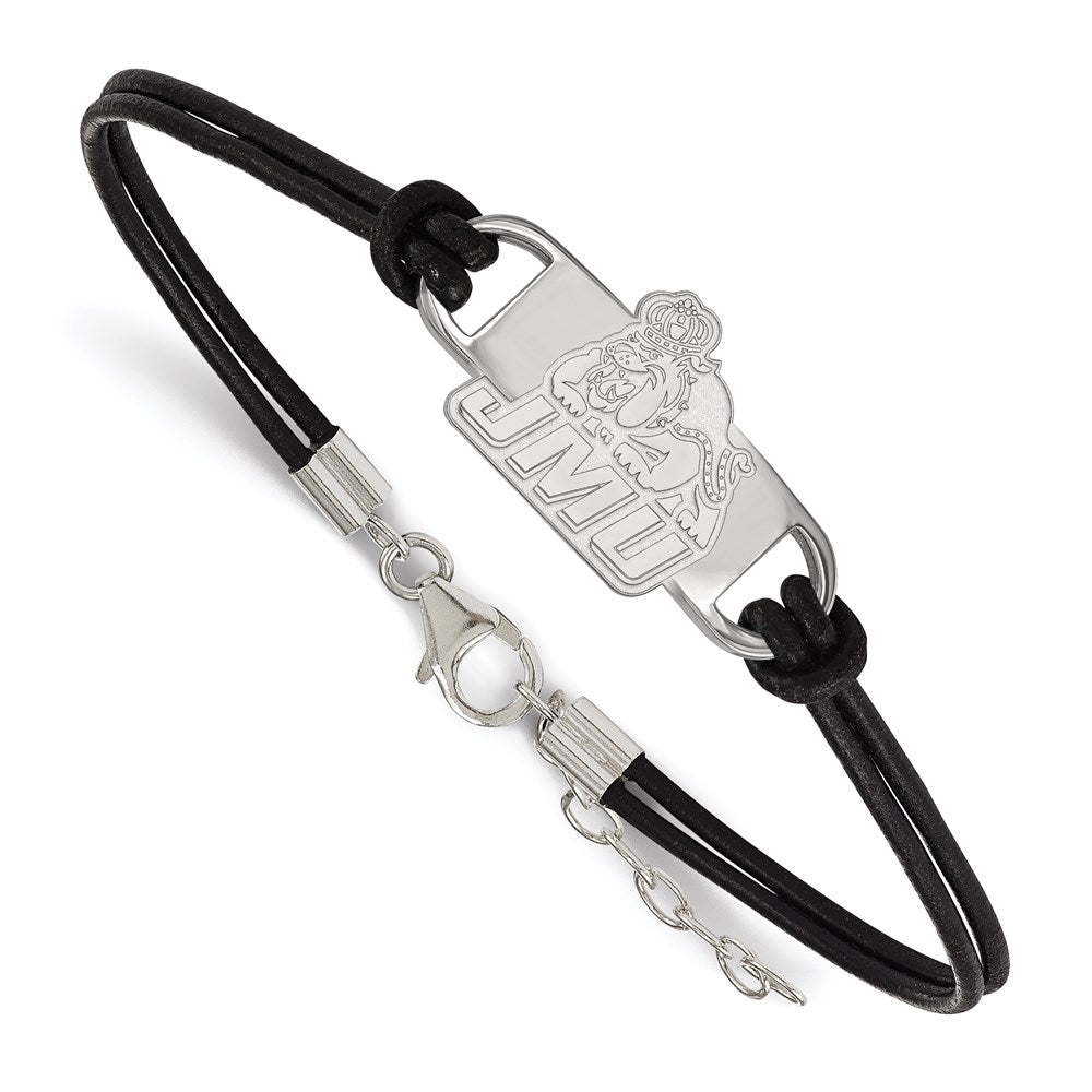 Sterling Silver Rhodium Plated Logoart James Madison University Small Center Black Leather 7 Inch Bracelet With Extender
