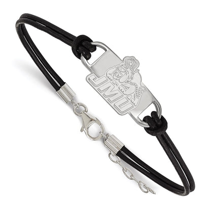 Sterling Silver Rhodium Plated Logoart James Madison University Small Center Black Leather 7 Inch Bracelet With Extender