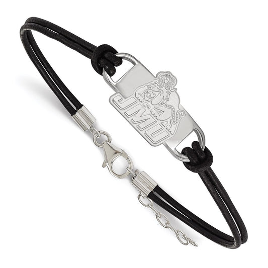 Sterling Silver Rhodium Plated Logoart James Madison University Small Center Black Leather 7 Inch Bracelet With Extender