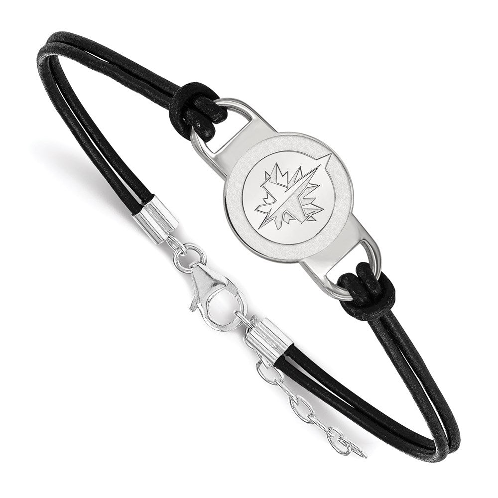 Sterling Silver Rhodium Plated Nhl Logoart Winnipeg Jets Small Center Black Leather 7 Inch Bracelet With Extender