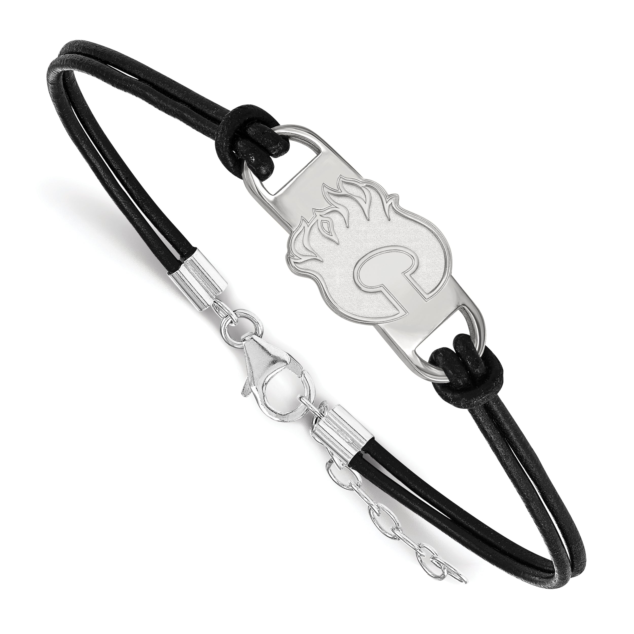 Sterling Silver Rhodium Plated Nhl Logoart Calgary Flames Letter C Small Center Black Leather 7 Inch Bracelet With Extender