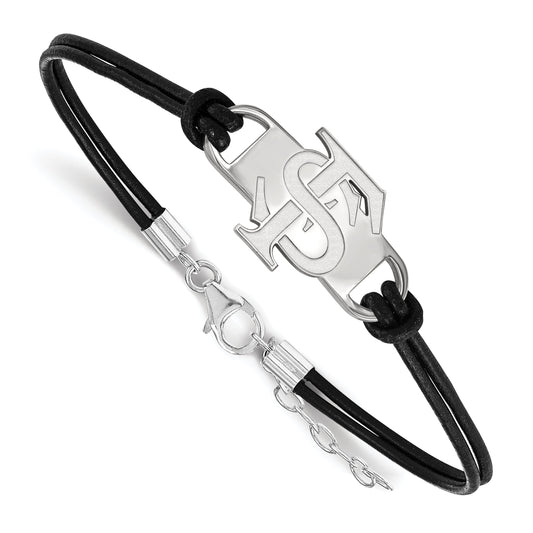 Sterling Silver Rhodium Plated Logoart Florida State University F S Small Center Black Leather 7 Inch Bracelet With Extender