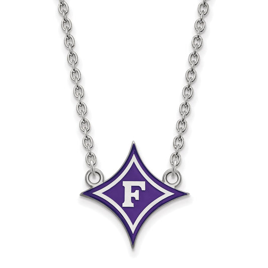 Sterling Silver Rhodium Plated Logoart Furman University Large Enameled Pendant 18 Inch Necklace