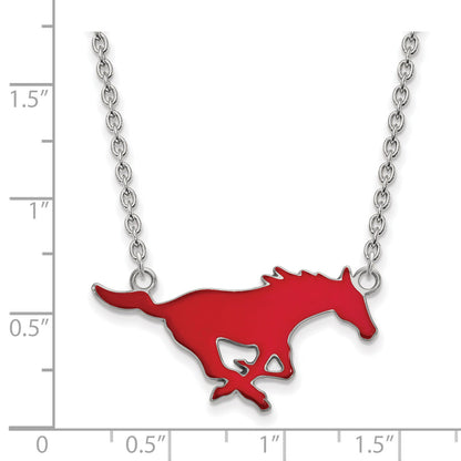 Sterling Silver Rhodium Plated Logoart Southern Methodist University Mustang Large Enameled Pendant 18 Inch Necklace