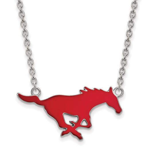 Sterling Silver Rhodium Plated Logoart Southern Methodist University Mustang Large Enameled Pendant 18 Inch Necklace