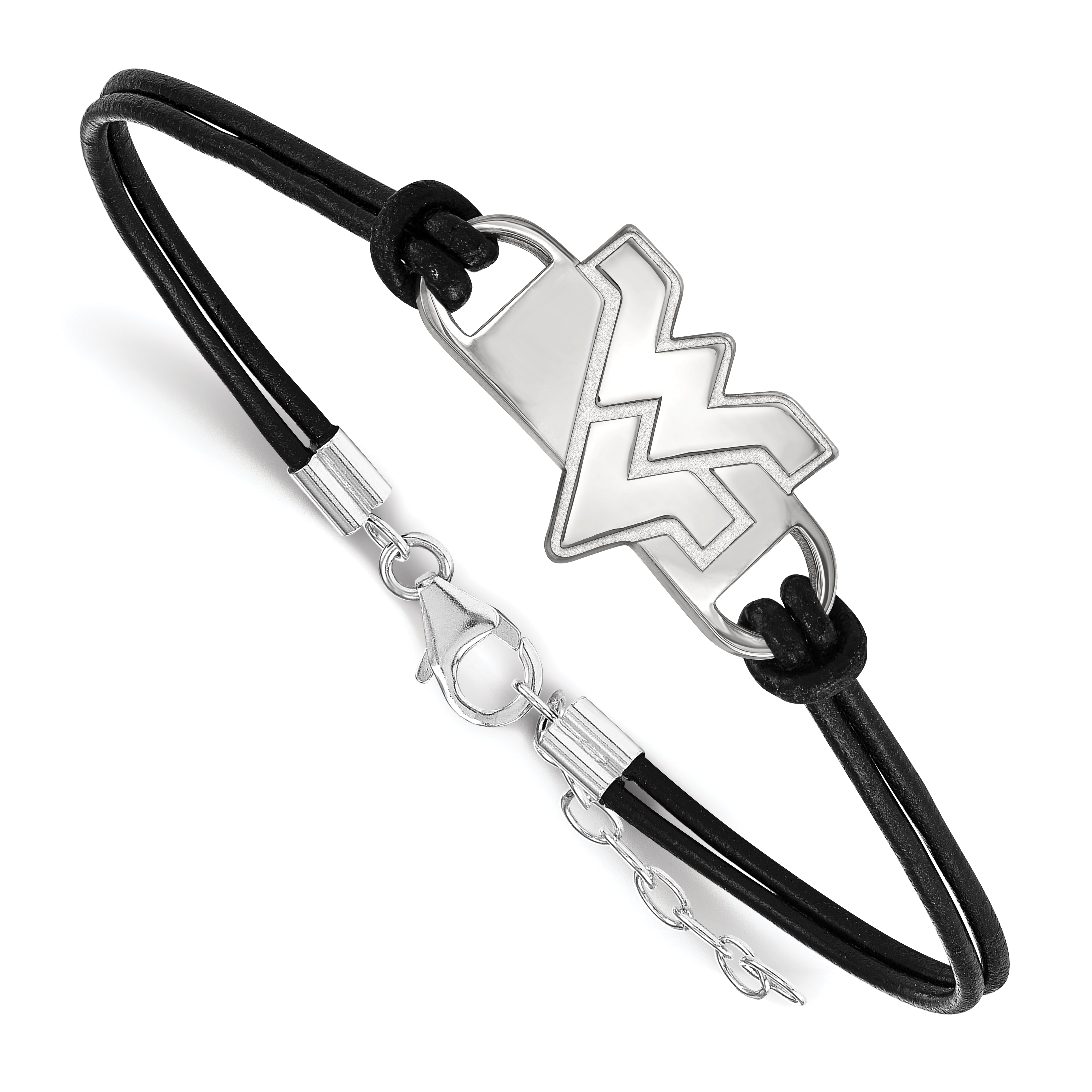 Sterling Silver Rhodium Plated Logoart West Virginia University W V Small Center Black Leather 7 Inch Bracelet With Extender