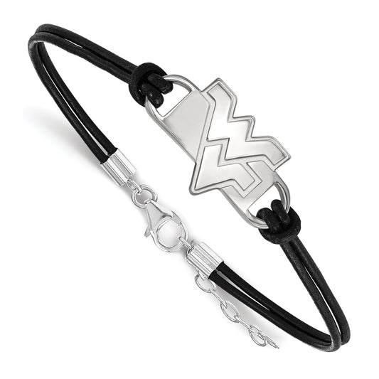 Sterling Silver Rhodium Plated Logoart West Virginia University W V Small Center Black Leather 7 Inch Bracelet With Extender