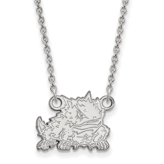 Sterling Silver Rhodium Plated Logoart Texas Christian University Horned Frog Small Pendant 18 Inch Necklace
