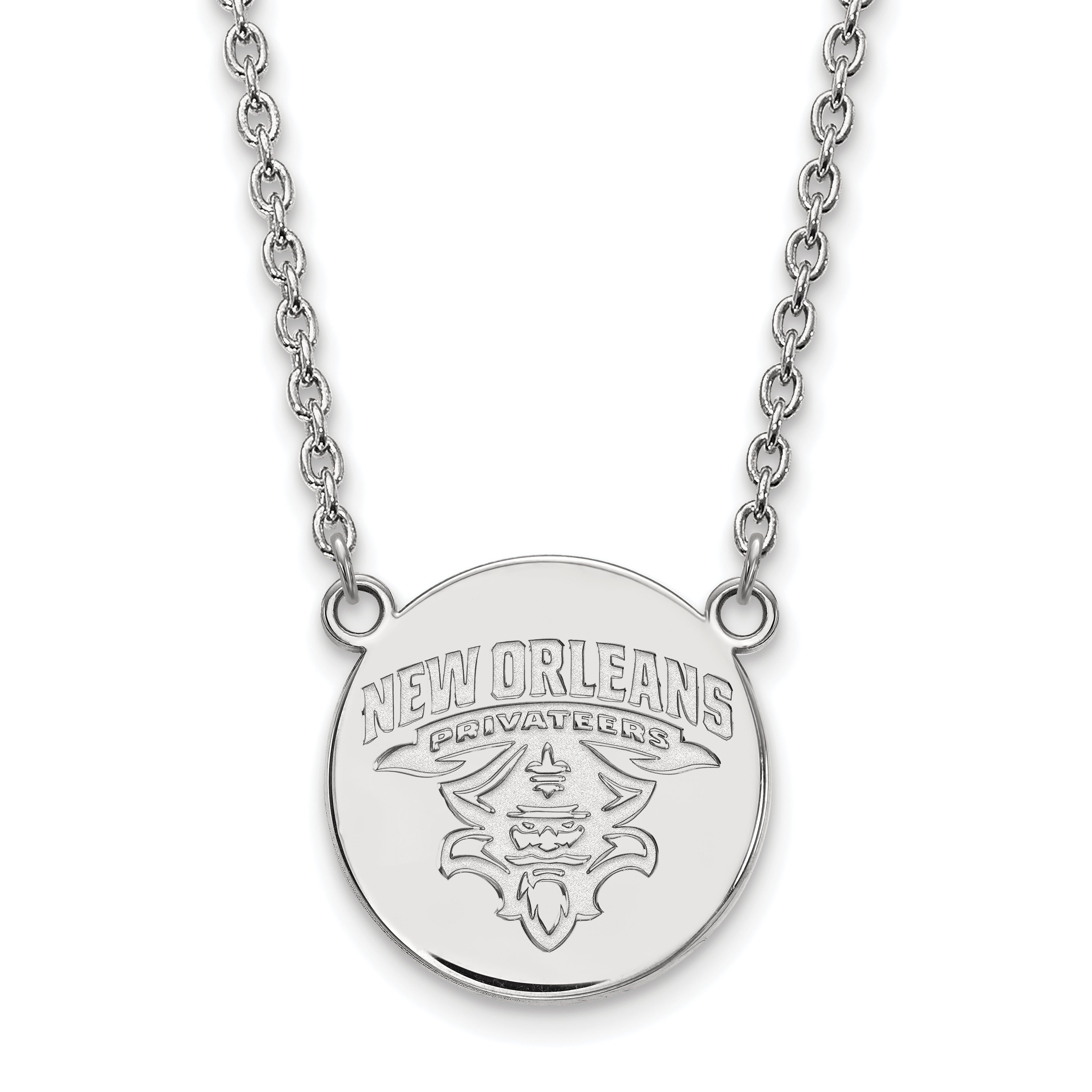 Sterling Silver Rhodium Plated Logoart University Of New Orleans Privateers Large Disc 18 Inch Necklace