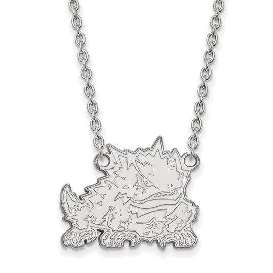 Sterling Silver Rhodium Plated Logoart Texas Christian University Horned Frog Large Pendant 18 Inch Necklace
