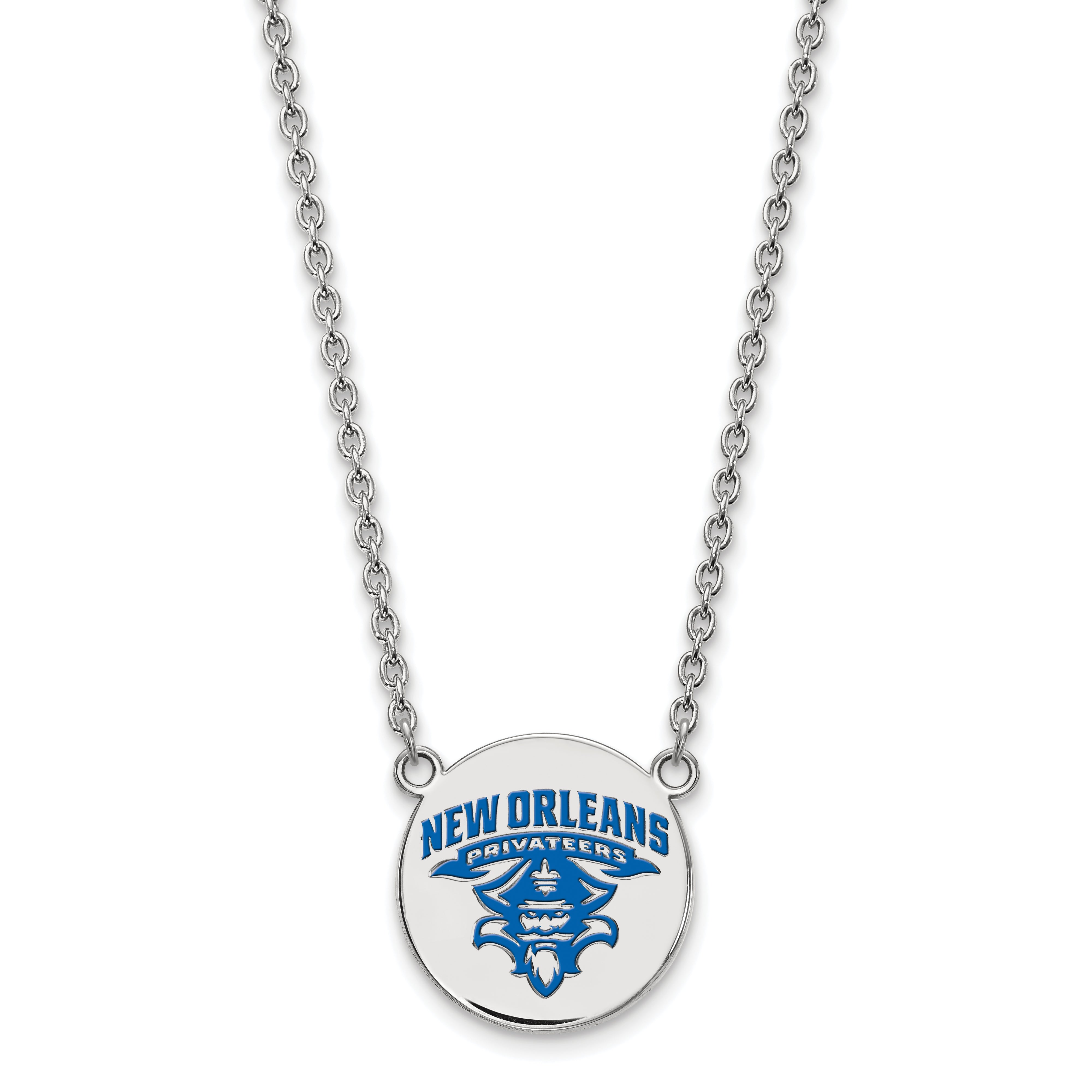 Sterling Silver Rhodium Plated Logoart University Of New Orleans Privateers Large Enameled Disc 18 Inch Necklace