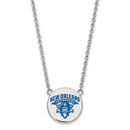 Sterling Silver Rhodium Plated Logoart University Of New Orleans Privateers Large Enameled Disc 18 Inch Necklace
