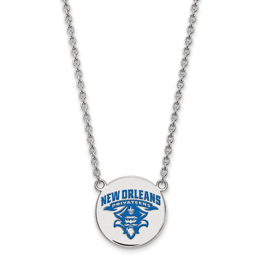 Sterling Silver Rhodium Plated Logoart University Of New Orleans Privateers Large Enameled Disc 18 Inch Necklace