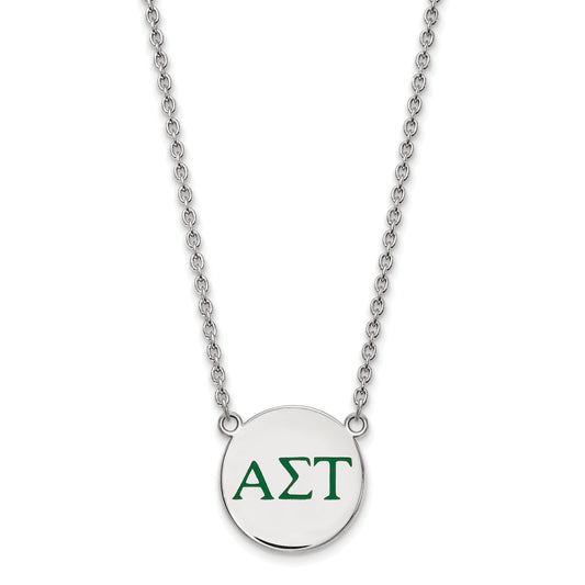 Sterling Silver Rhodium Plated Logoart Alpha Sigma Tau Sorority Greek Letters Large Color Enamel Pendant 18 Inch Necklace