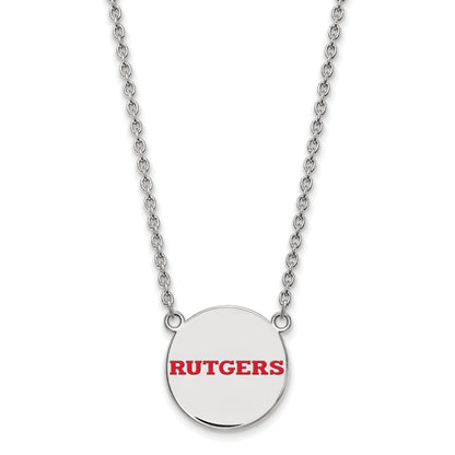 Sterling Silver Rhodium Plated Logoart Rutgers University Large Enameled Disc Pendant 18 Inch Necklace