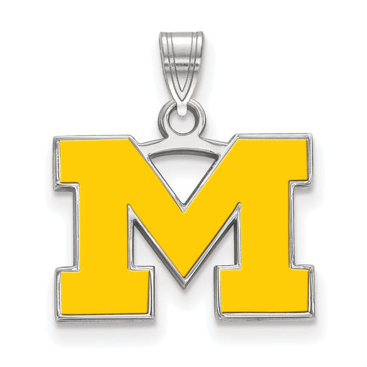 Sterling Silver Rhodium Plated Logoart University Of Michigan Letter M Small Yellow Enameled Pendant