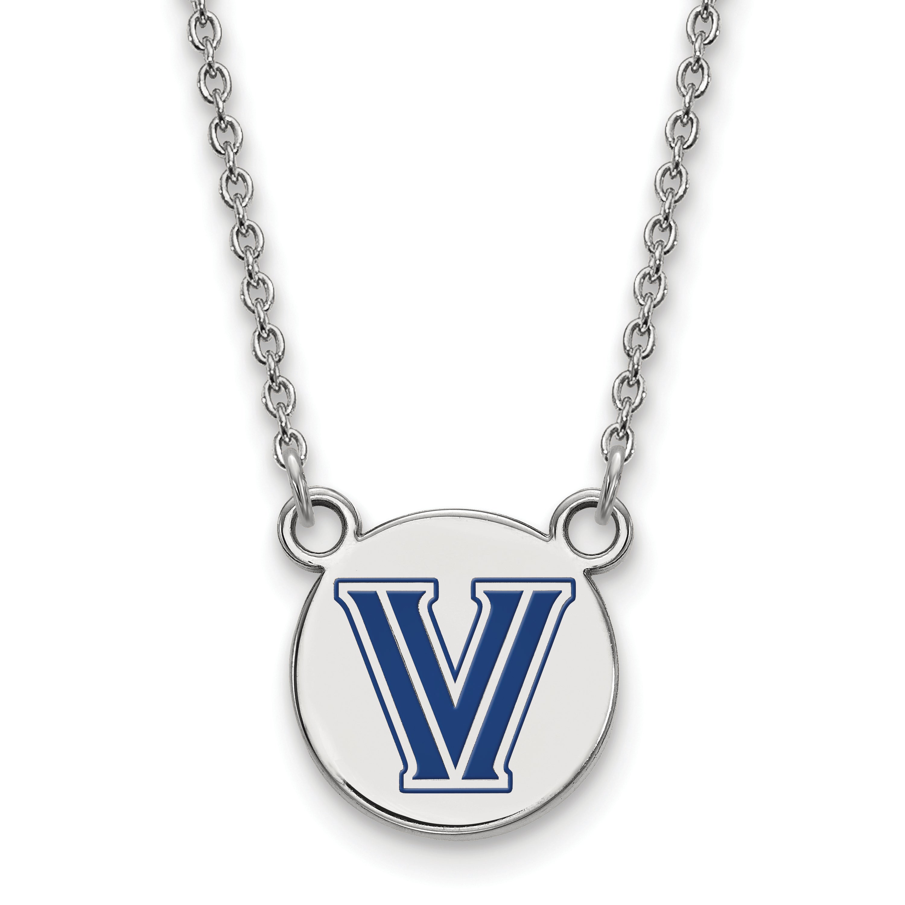 Sterling Silver Rhodium Plated Logoart Villanova University Letter V Small Enameled Disc Pendant 18 Inch Necklace