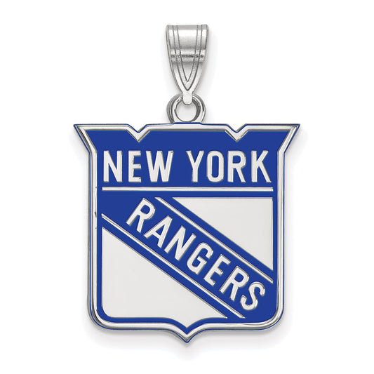 Sterling Silver Rhodium Plated Nhl Logoart New York Rangers Large Enameled Pendant
