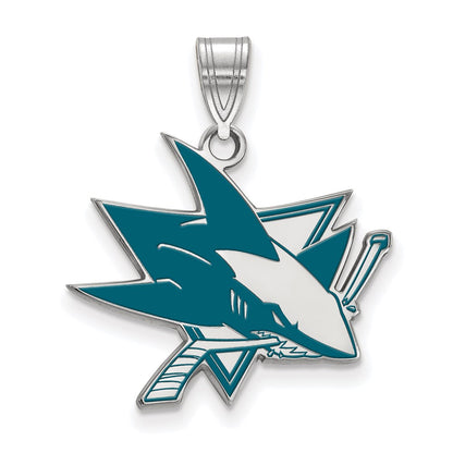 Sterling Silver Rhodium Plated Nhl Logoart San Jose Sharks Large Enameled Pendant