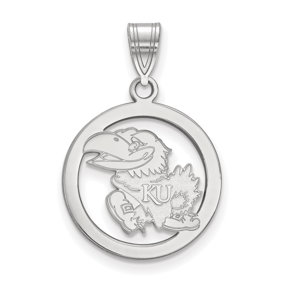 Sterling Silver Rhodium Plated Logoart University Of Kansas Jayhawk Small Circle Pendant