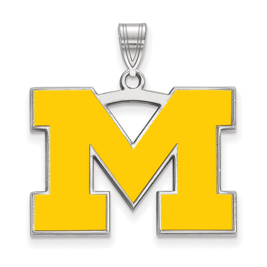 Sterling Silver Rhodium Plated Logoart University Of Michigan Letter M Large Yellow Enameled Pendant