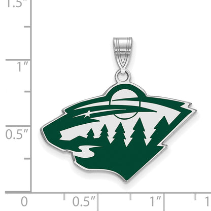 Sterling Silver Rhodium Plated Nhl Logoart Minnesota Wild Large Enameled Pendant