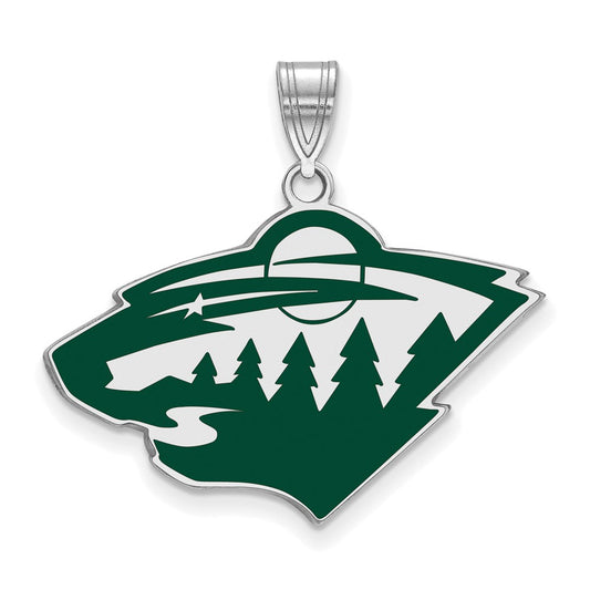 Sterling Silver Rhodium Plated Nhl Logoart Minnesota Wild Large Enameled Pendant