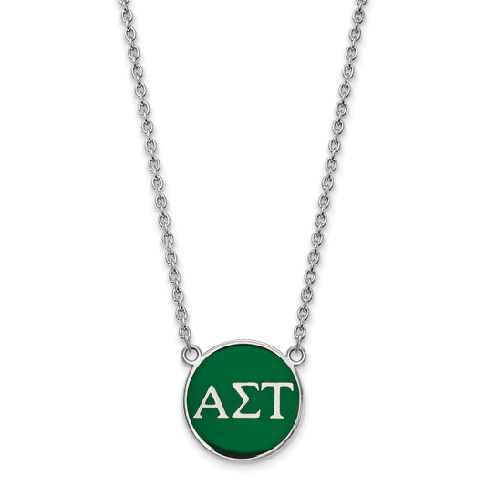 Sterling Silver Rhodium Plated Logoart Alpha Sigma Tau Sorority Greek Letters Large Color Enamel Pendant 18 Inch Necklace