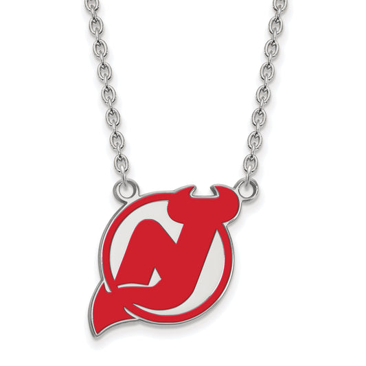 Sterling Silver Rhodium Plated Nhl Logoart New Jersey Devils Large Enameled Pendant 18 Inch Necklace