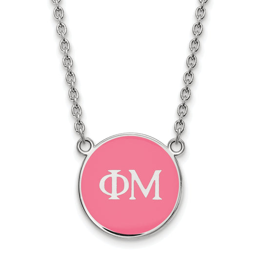 Sterling Silver Rhodium Plated Logoart Phi Mu Sorority Greek Letters Small Color Enamel Pendant 18 Inch Necklace