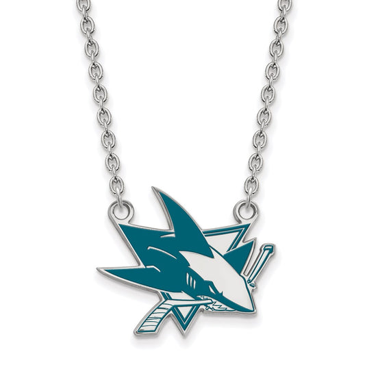 Sterling Silver Rhodium Plated Nhl Logoart San Jose Sharks Large Enameled Pendant 18 Inch Necklace