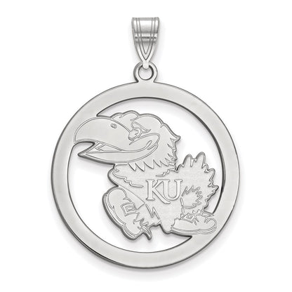 Sterling Silver Rhodium Plated Logoart University Of Kansas Jayhawk Large Circle Pendant