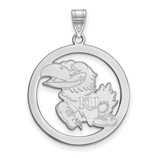 Sterling Silver Rhodium Plated Logoart University Of Kansas Jayhawk Large Circle Pendant